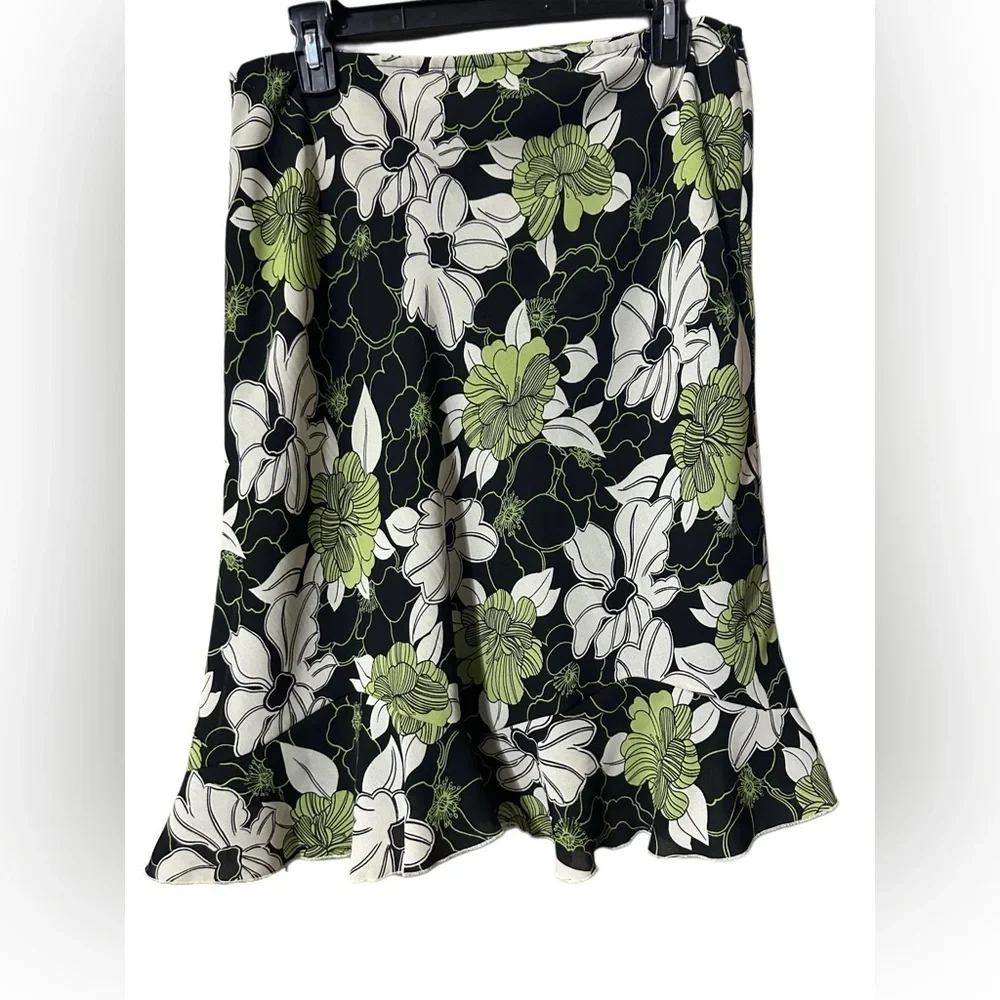 Worthington Black and Green Floral A-Line Skirt with Ruffle Edges